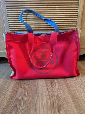 Tory Burch Red & Blue Canvas Tote